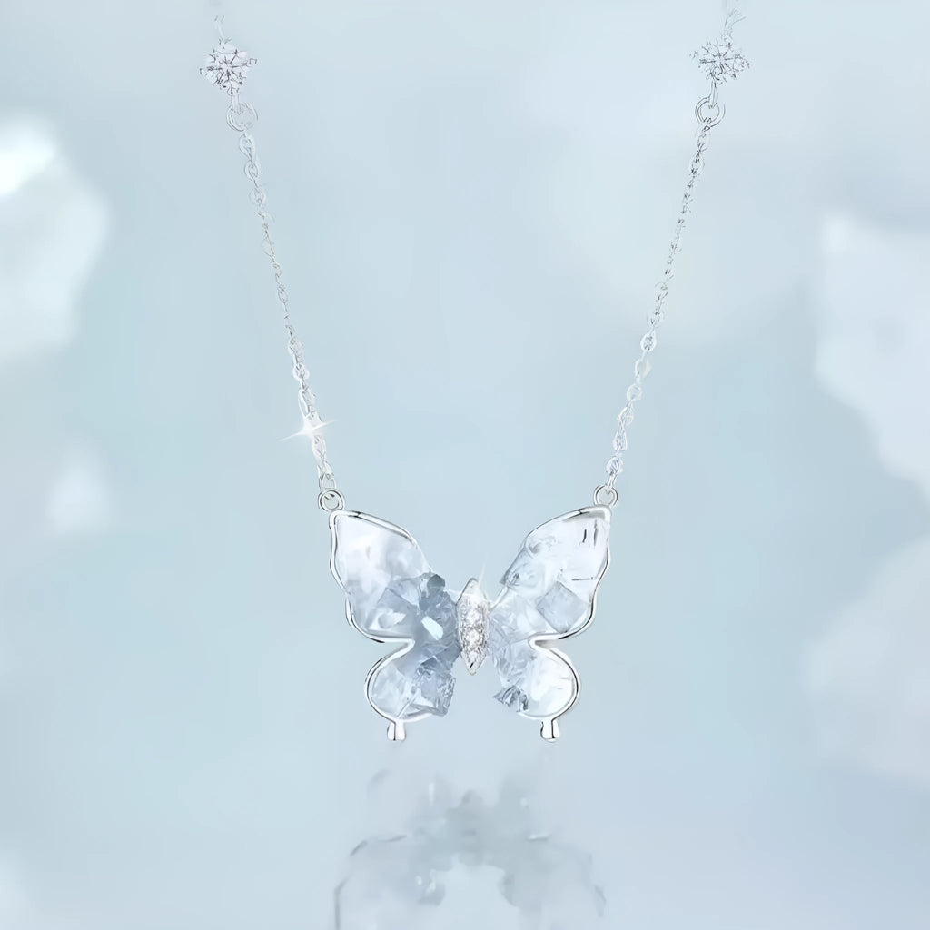 S925 silver butterfly necklace with ice rain design pendant on adjustable O-ring chain
