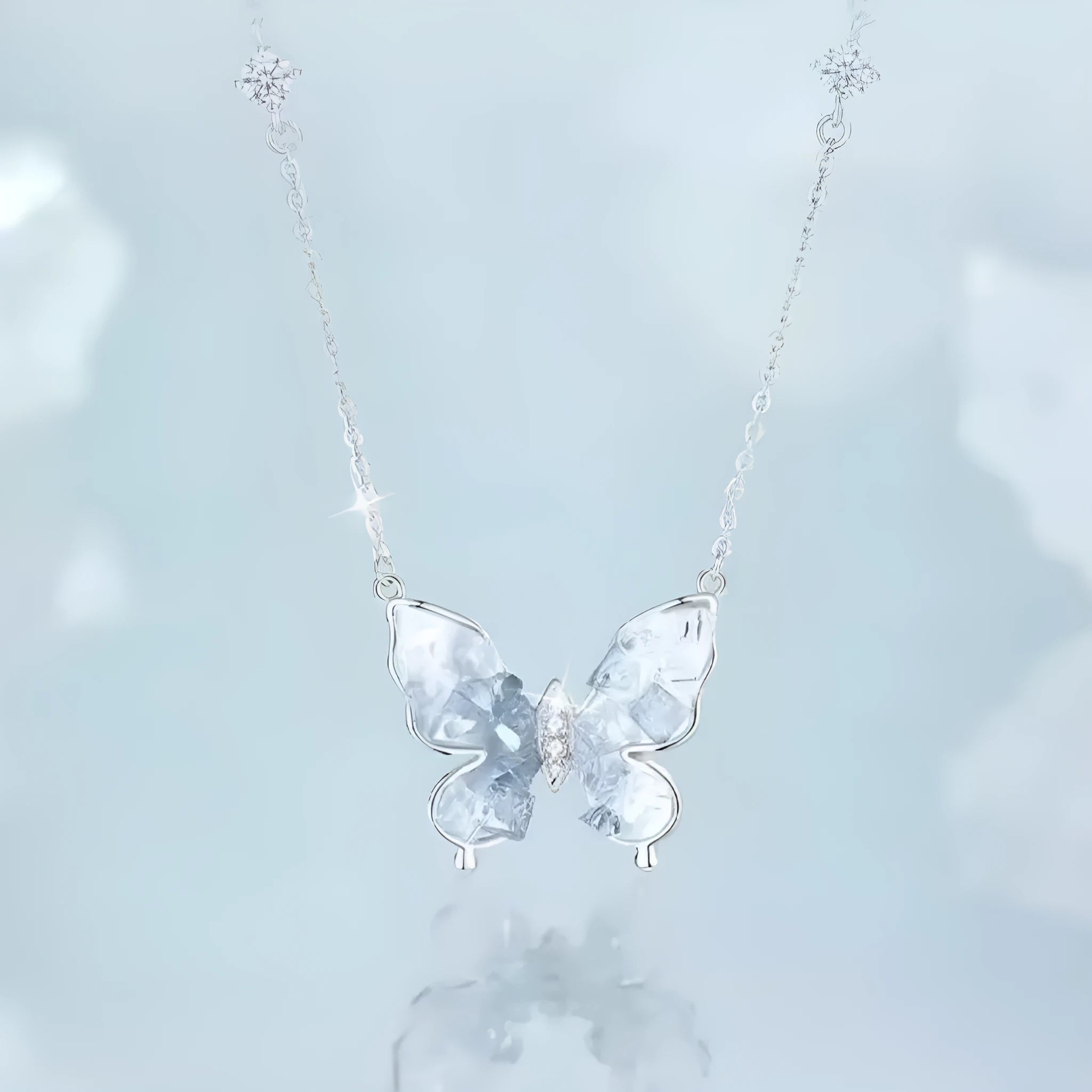 S925 silver butterfly necklace with ice rain design pendant on adjustable O-ring chain
