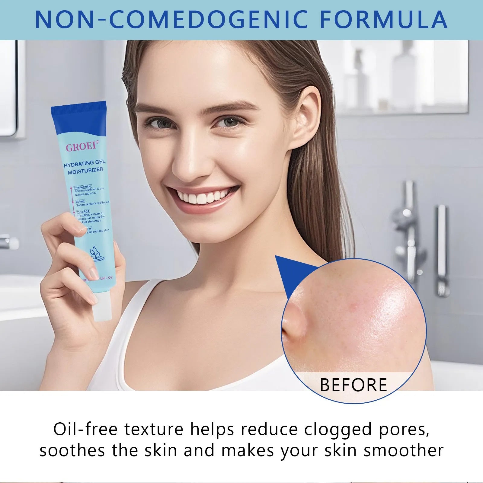 50ml moisturising facial gel with hyaluronic acid in white pump bottle