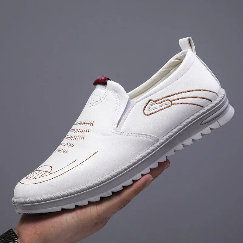Men's spring leather slip-on shoes in artificial PU with round toe and lace-up closure