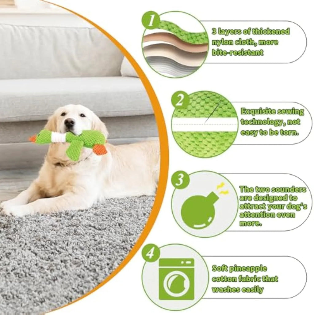 Green blue or grey durable plush duck dog chew toy with squeaker, 33 cm long.