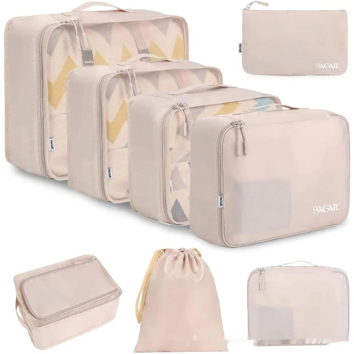 Set of eight PP packing cubes in various colours including beige, black, pink, and leopard print for travel organisation.