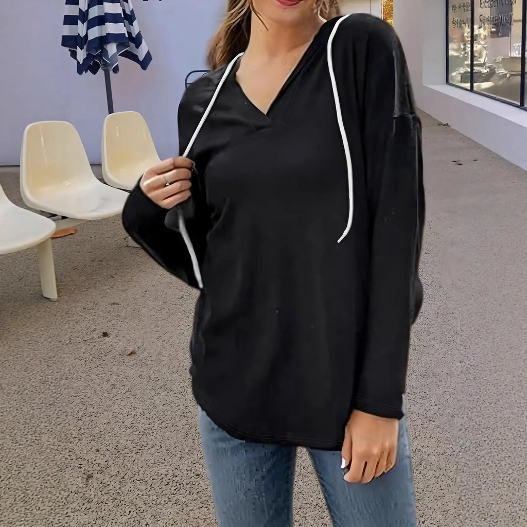 Women's loose-fit black V-neck hooded sweatshirt with long sleeves