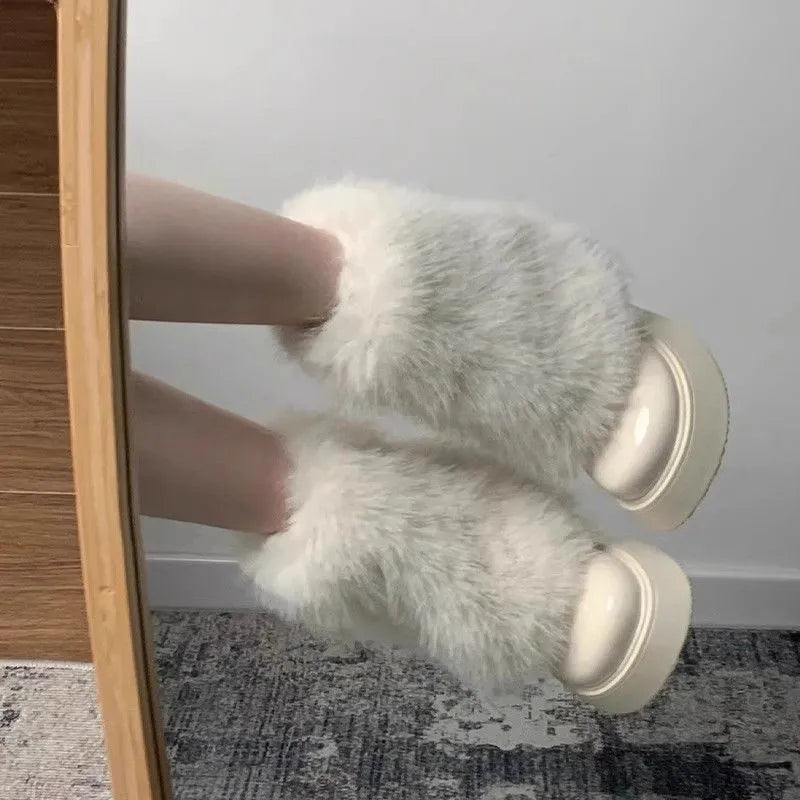 Women's black fleece-lined snow boots with waterproof platform and 3-5cm heel
