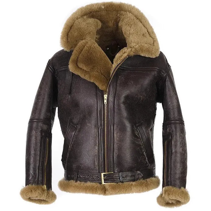 Vintage style synthetic leather fur coat for men in brown with side pockets