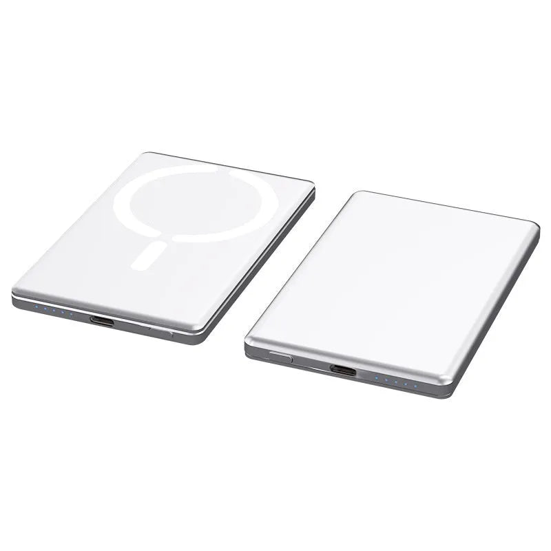 Ultra-thin magnetic power bank in dark grey, silver, black, or violet colours showing compact design
