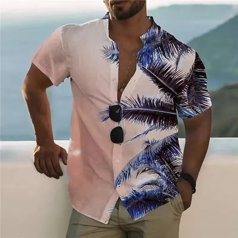 Men's loose-fit short sleeve shirt with a colourful floral pattern, shown in a casual cardigan style.