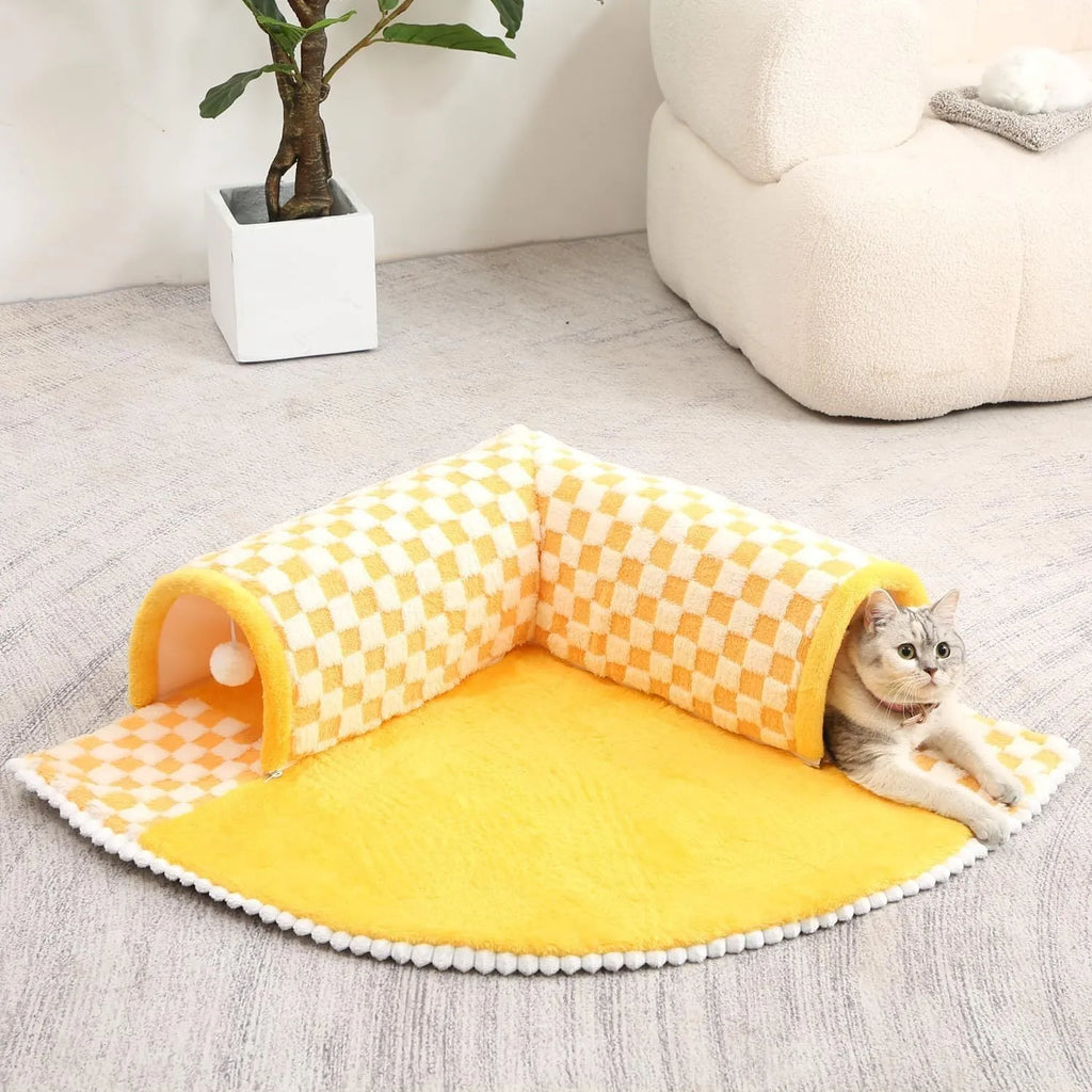 Fan-shaped plush pet bed with integrated tunnel for cats and small dogs in a plaid pattern.