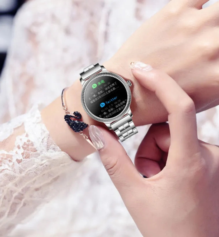 AK38 ladies smart watch with stainless steel band and 1.09-inch colour screen