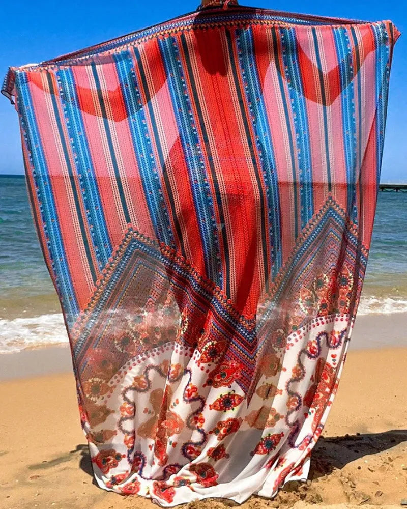Women's three-piece swimsuit set with cutout blouse, high-waist briefs, and cover-up coat