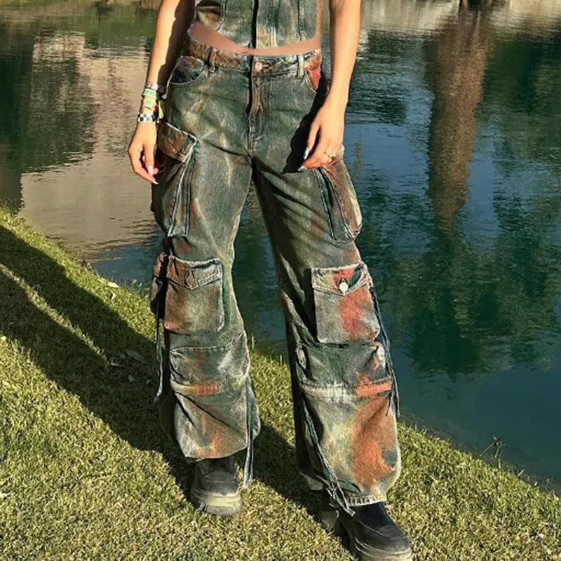 Loose fit cargo denim trousers with multiple gradient colour pockets and street style detailing