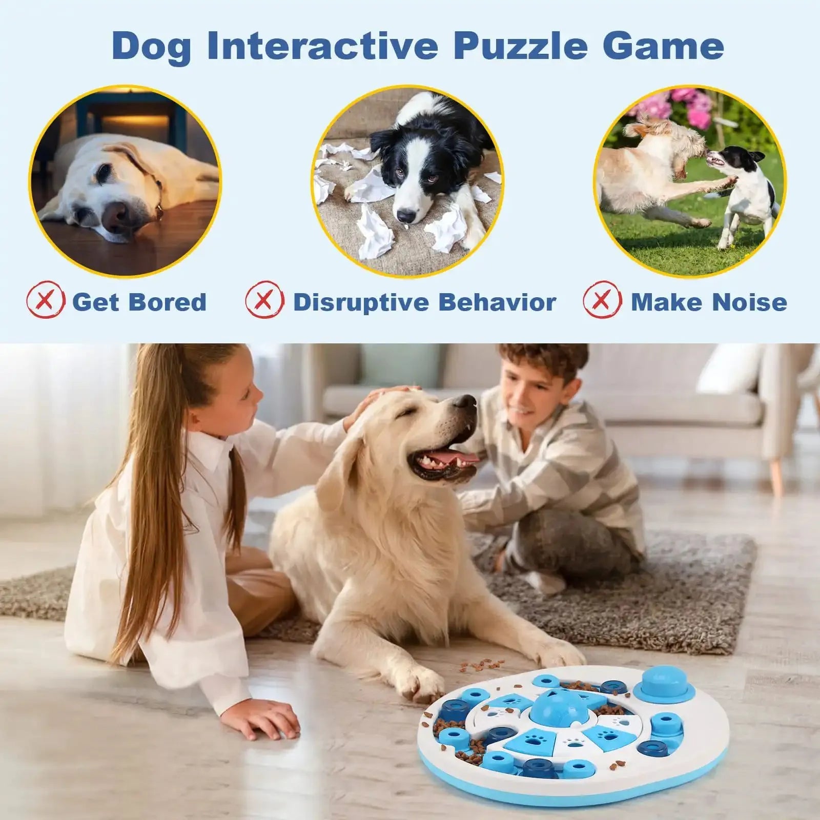 Blue dog puzzle toy with 24 food compartments and spherical bells on a flat surface