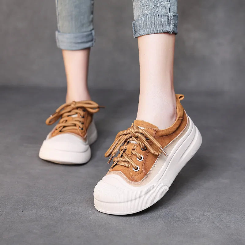 Women's yellow and brown full grain cowhide leather lace-up casual shoes with round toe.