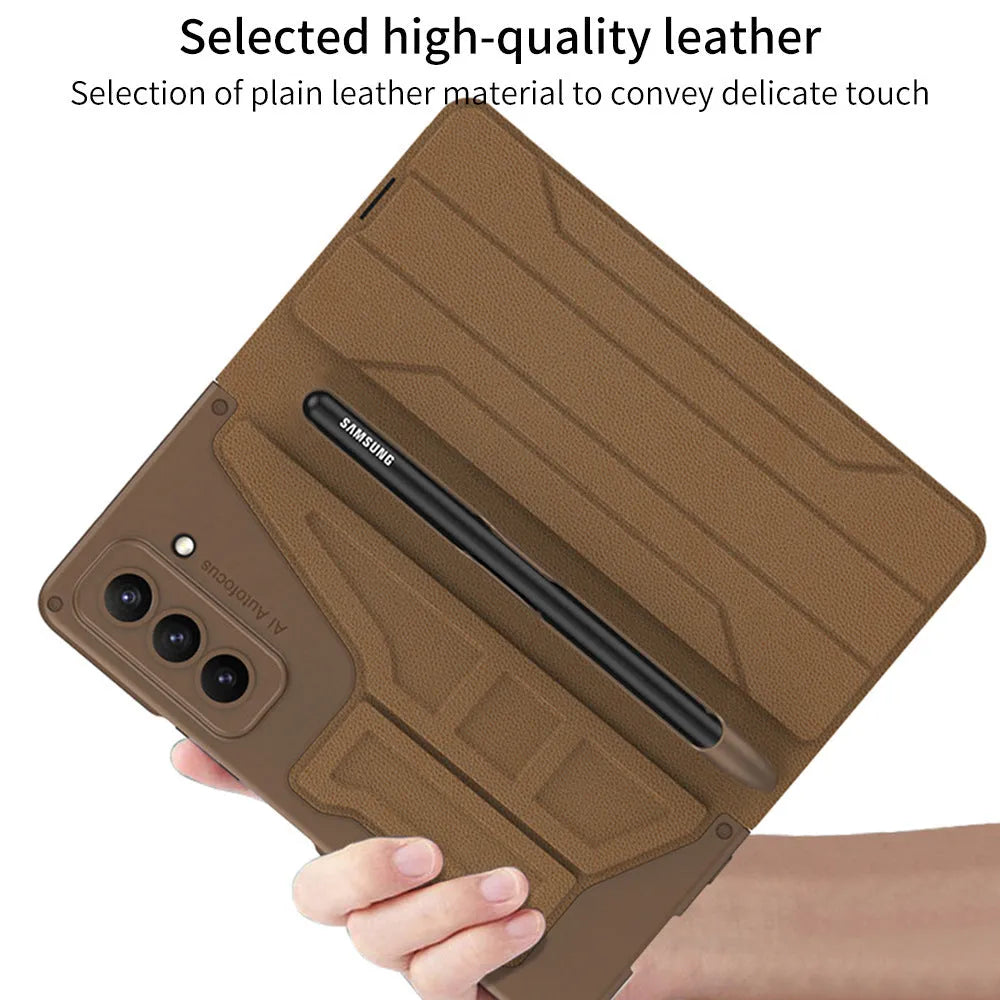 Samsung Galaxy Z Fold5 flip leather cover with pen slot, carbon fiber pattern, PC back anti-fall case on white background