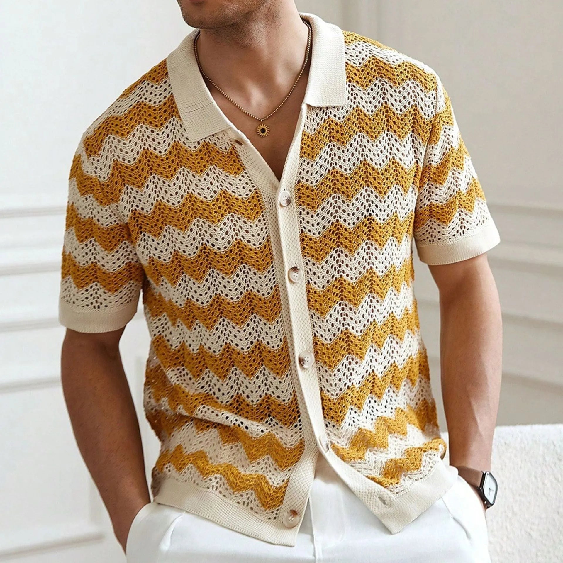 Short sleeve summer sweater with hollow jacquard corrugated texture and flocked detailing in Tencel fabric