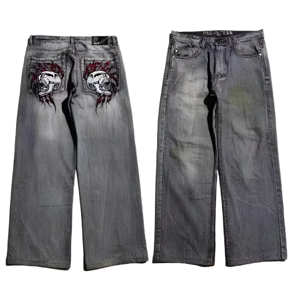 Men's grey wide-leg jeans with retro washed look and straight-leg design
