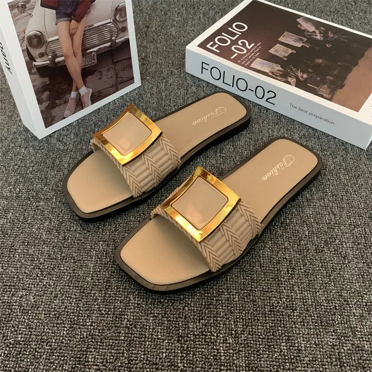 Women's flat summer slippers in apricot, black, or khaki with a lightweight PVC sole.