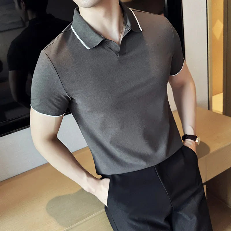 Men's short sleeve lapel collar polo shirt in a mercerised cotton blend fabric.