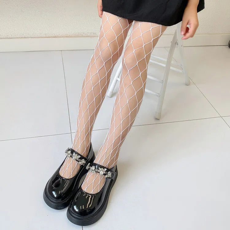 Women's black and white mesh pattern tights showing large, medium, and small net designs for summer.