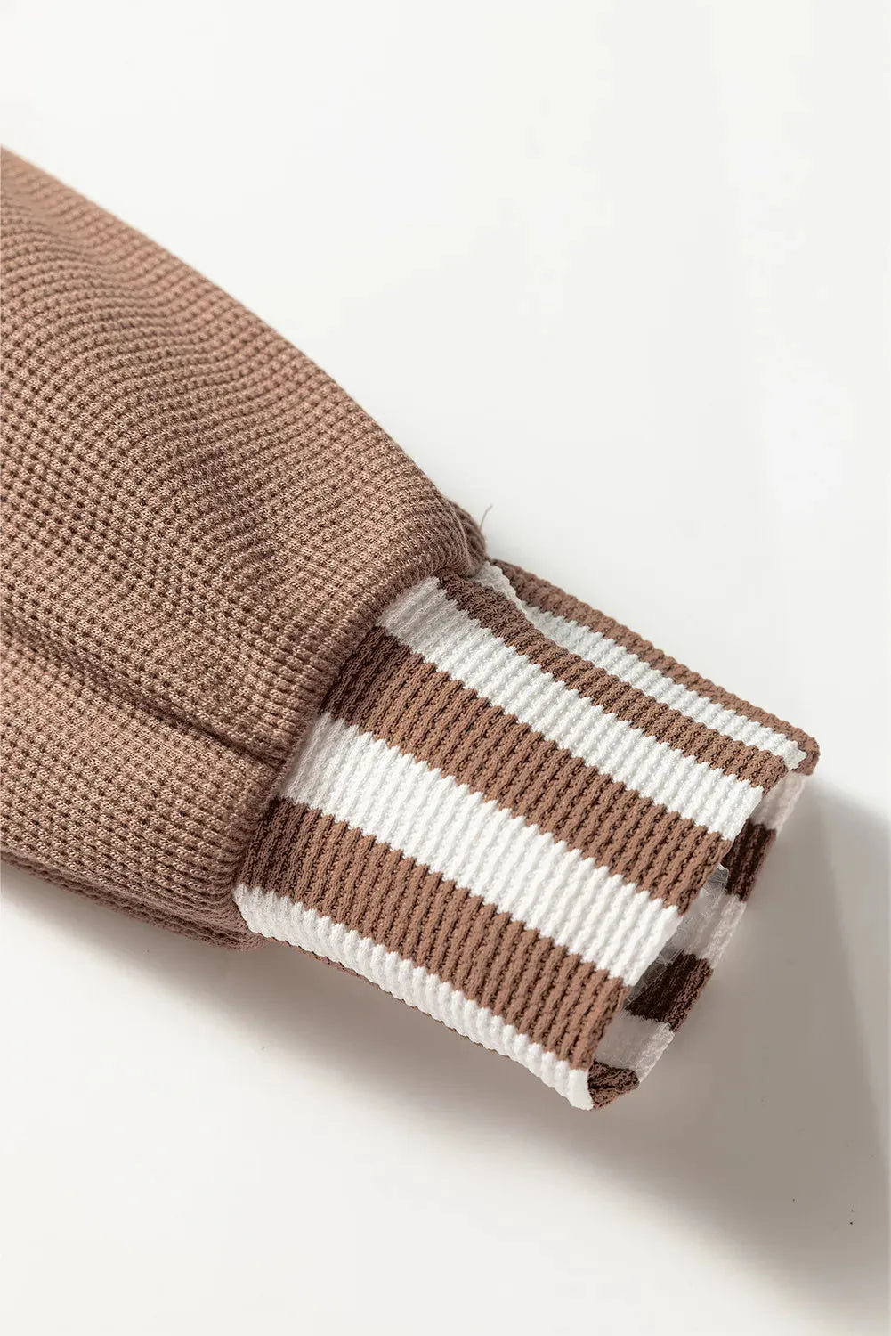 Straw yellow striped patchwork hoodie with button neck and drawstring hood in waffle texture fabric