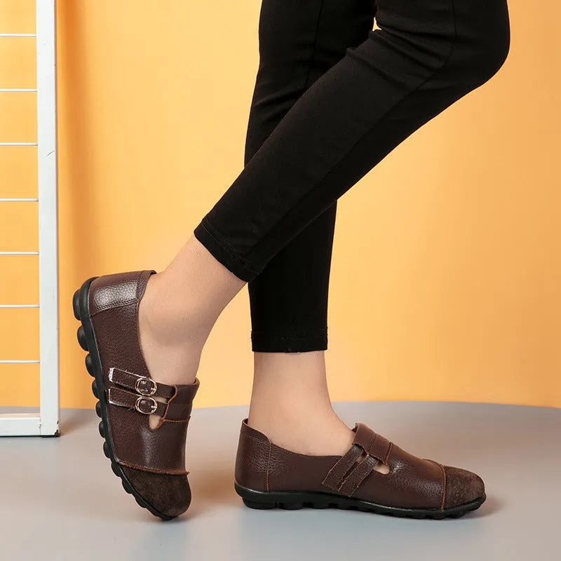 Casual Gommino style flat shoes with cow split leather upper and Velcro closure in multiple colours