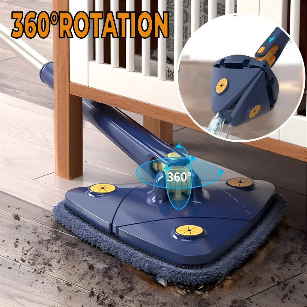 Blue triangle cleaning mop with extendable stainless steel pole and 360-degree rotating head