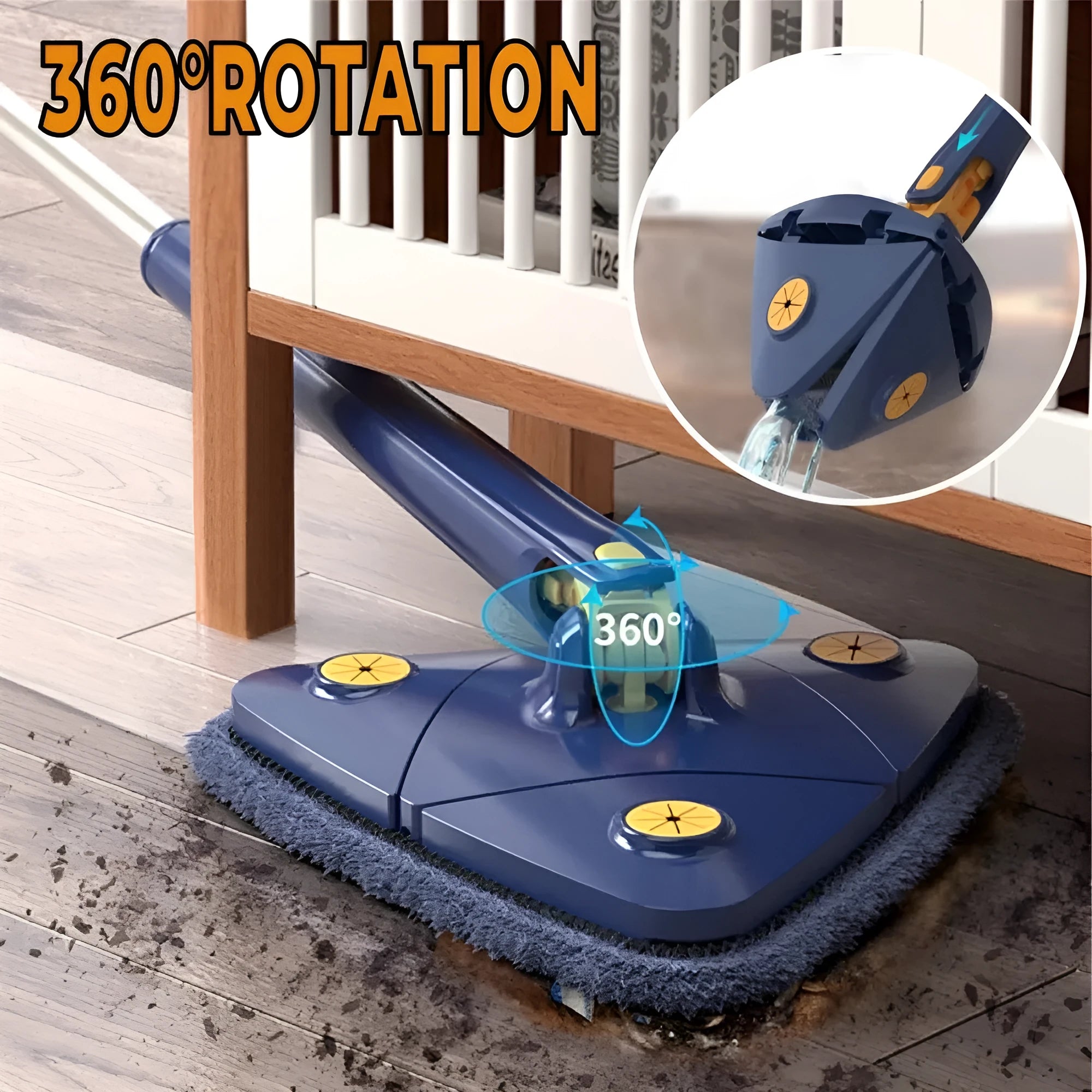 Blue triangle cleaning mop with extendable stainless steel pole and 360-degree rotating head