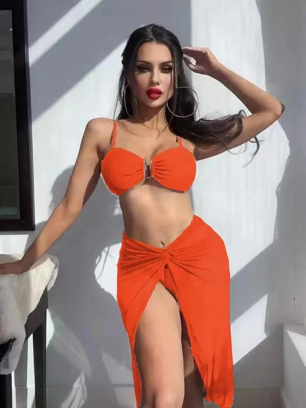 Women's solid colour three-piece bikini set with long culottes skirt, bra, and panties