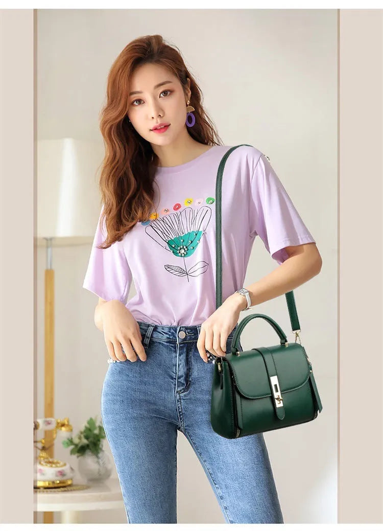 Soft PU leather women's messenger shoulder bag in square vertical shape, shown in one of four colours.
