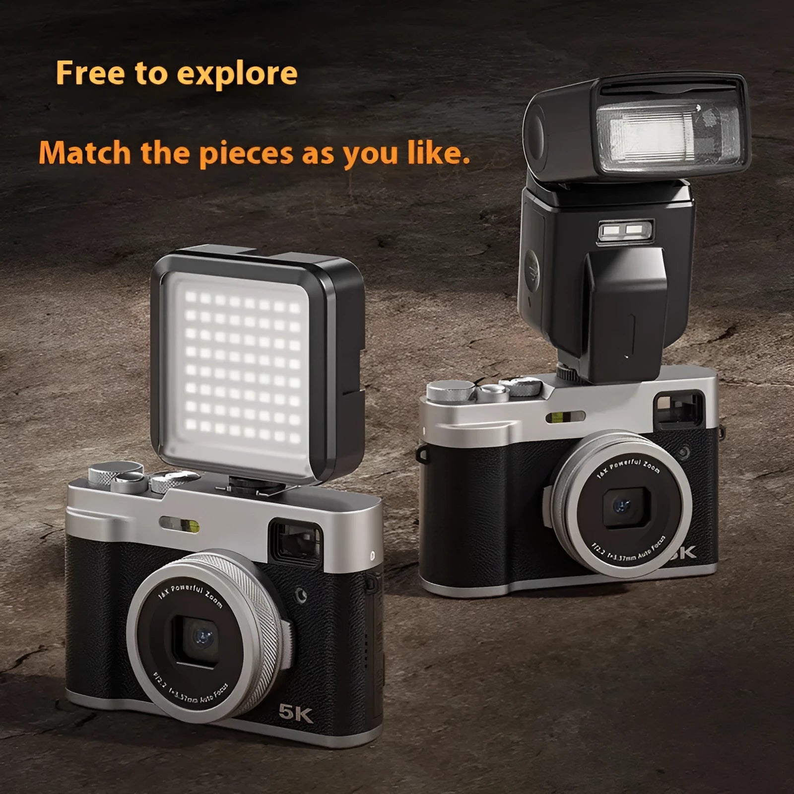 Black and brown 5K HD digital camera with front and rear lenses, optical viewfinder, and a 2.88-inch screen.