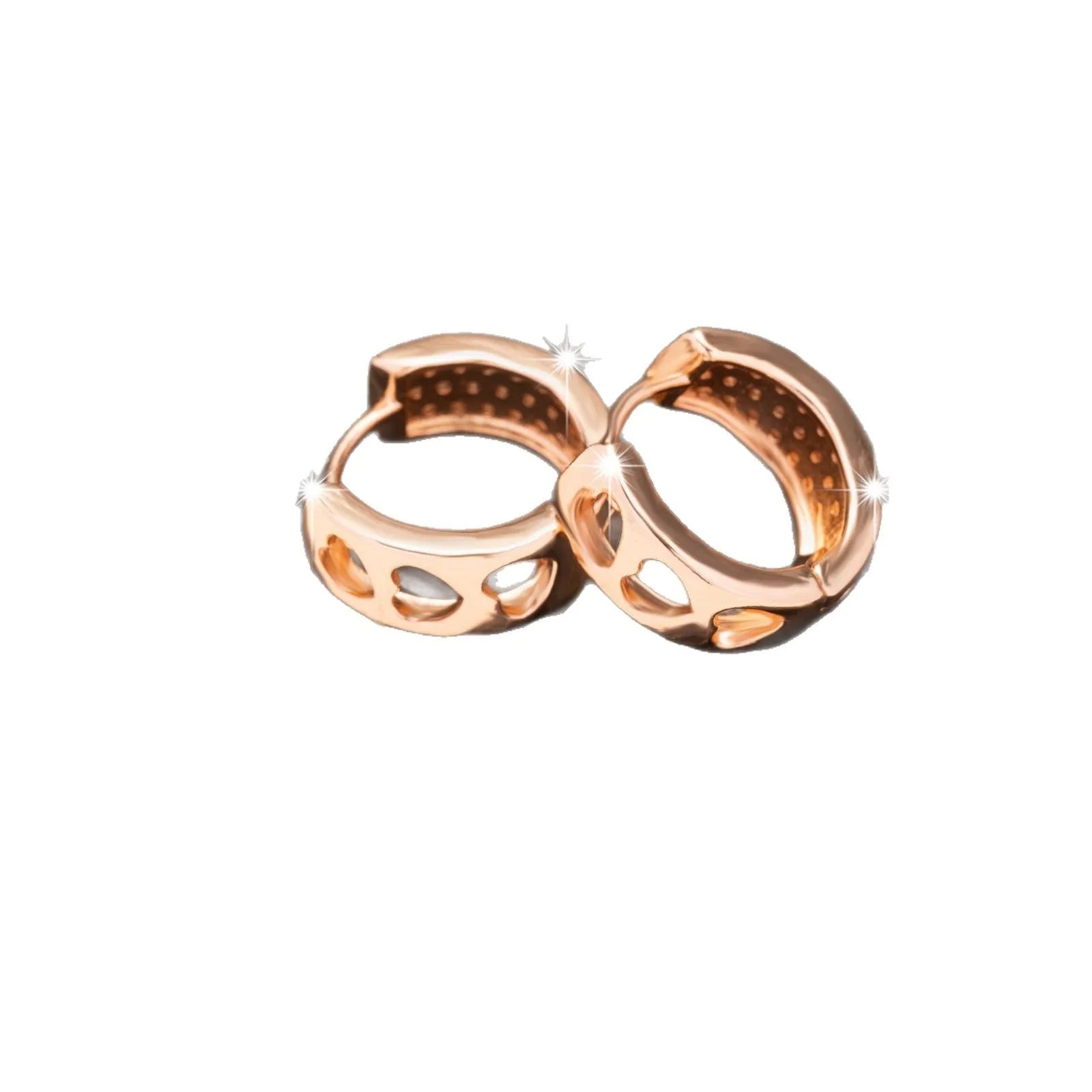 Rose gold women's earrings with three hollowed heart shapes in circular design