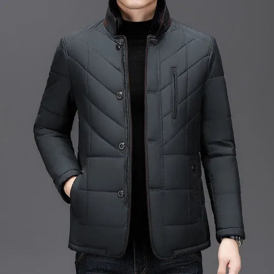 Men's solid colour short winter coat with side pockets, shown in dark blue, wine red, or dark green.