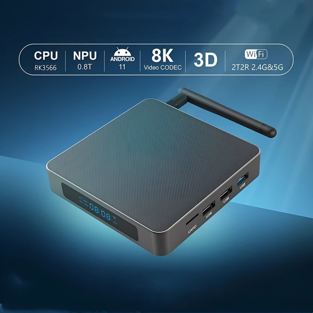 Black square Android 8K set-top box with RK3566 processor and remote control