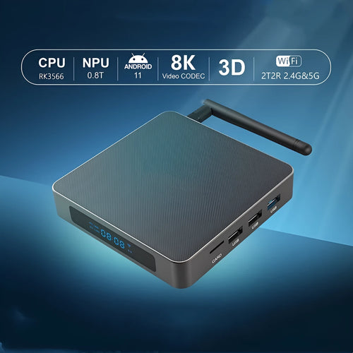 Black square Android 8K set-top box with RK3566 processor and remote control