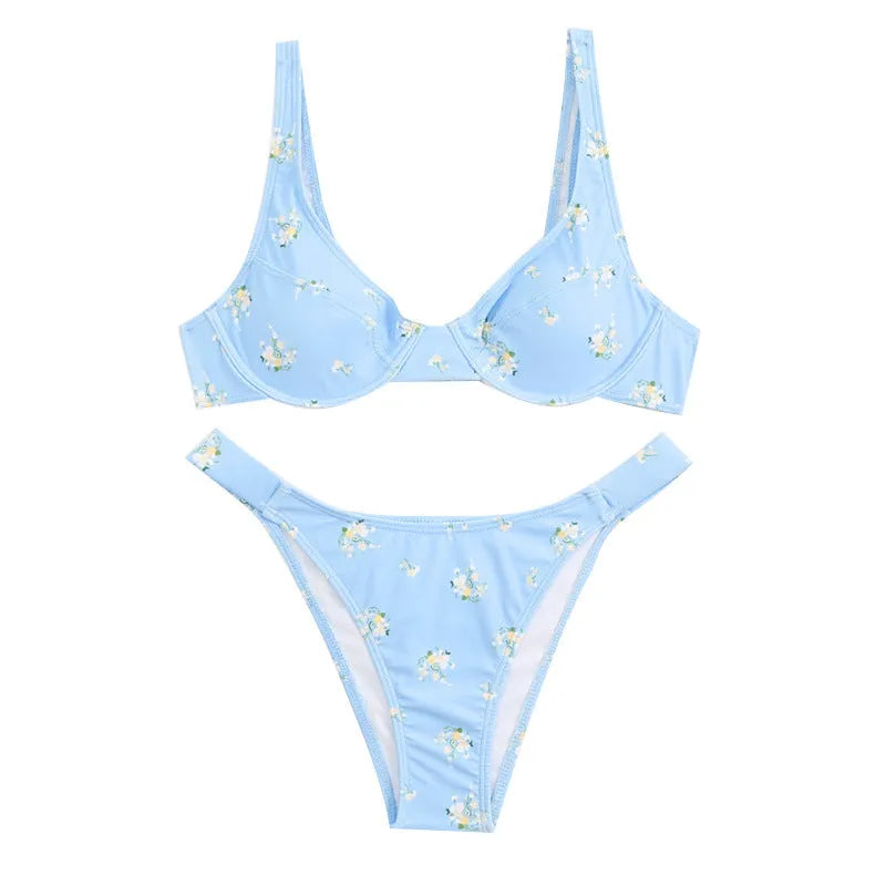Floral yellow bikini swimsuit with high-waist briefs on white background, women's nylon quick-dry swimwear