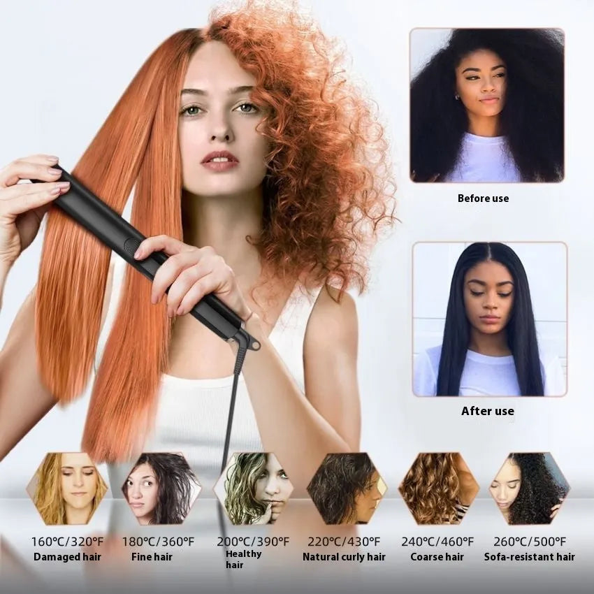 Hair straightener with digital temperature display showing 207℃ and EU plug