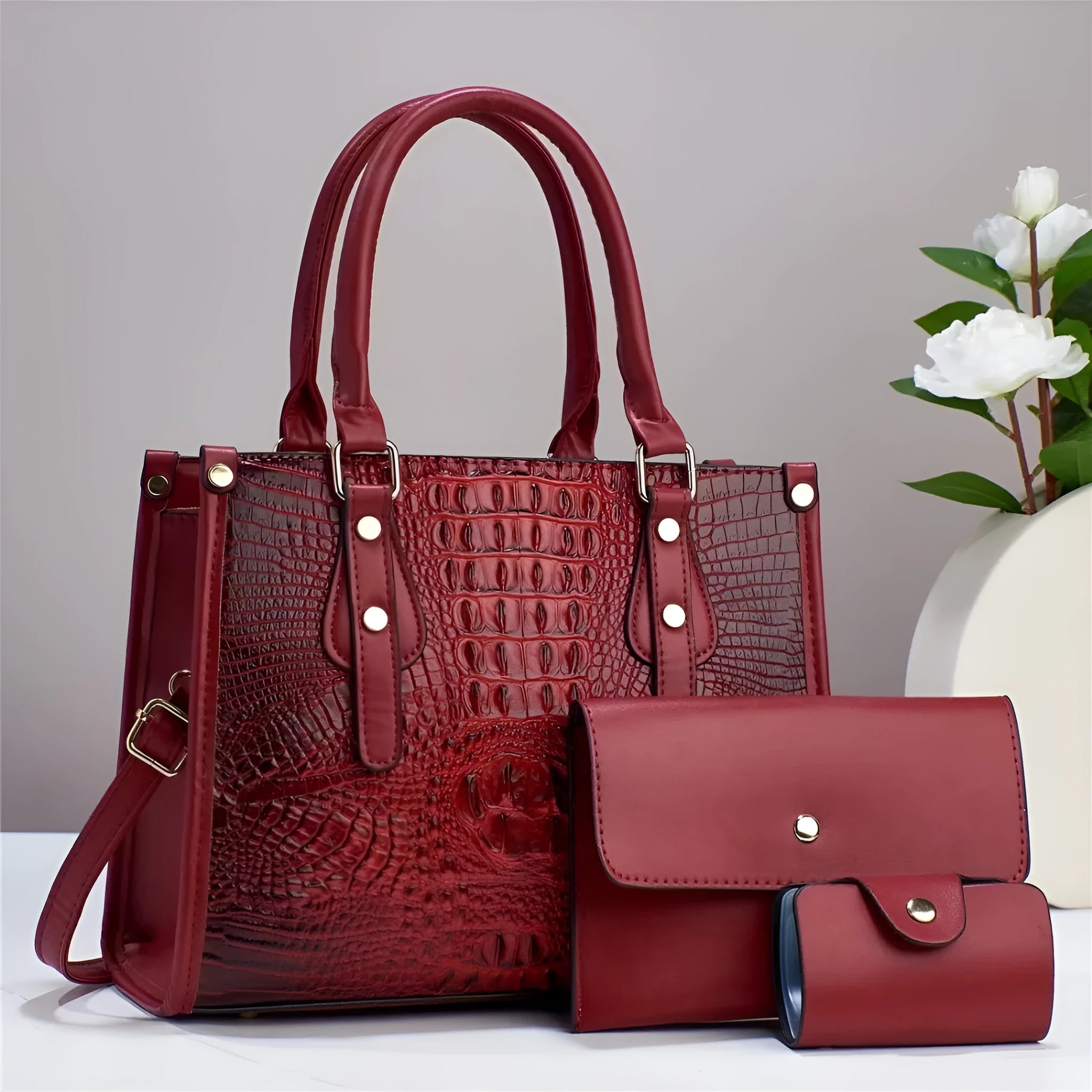 Contrast colour minimalist three-piece bucket bag set with wallet and card holder in PU leather.