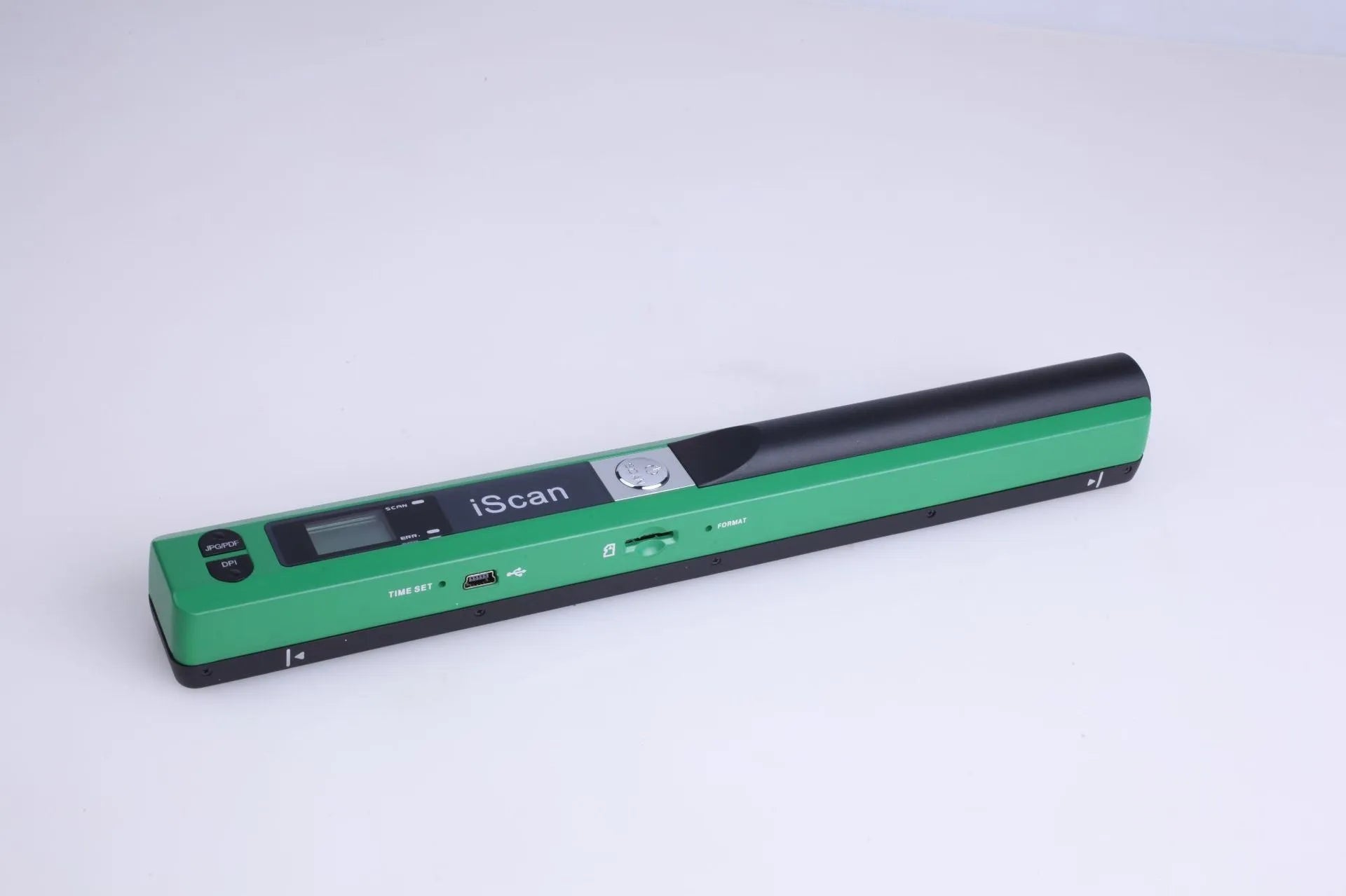 Handheld plastic scanner in multiple colours including black, blue, green, red, and silver with a USB cable.