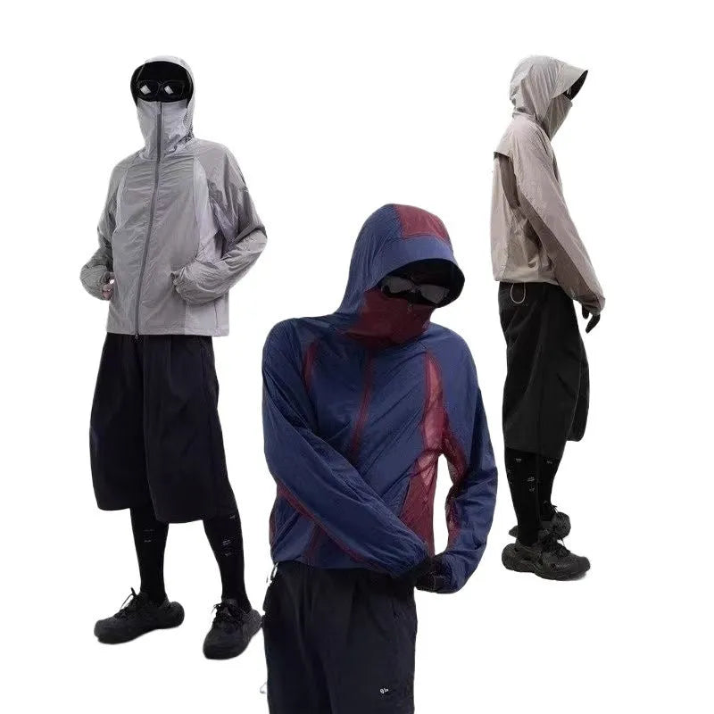 Mesh stitching UV protective nylon clothes in desert brown, light grey, red and blue colours
