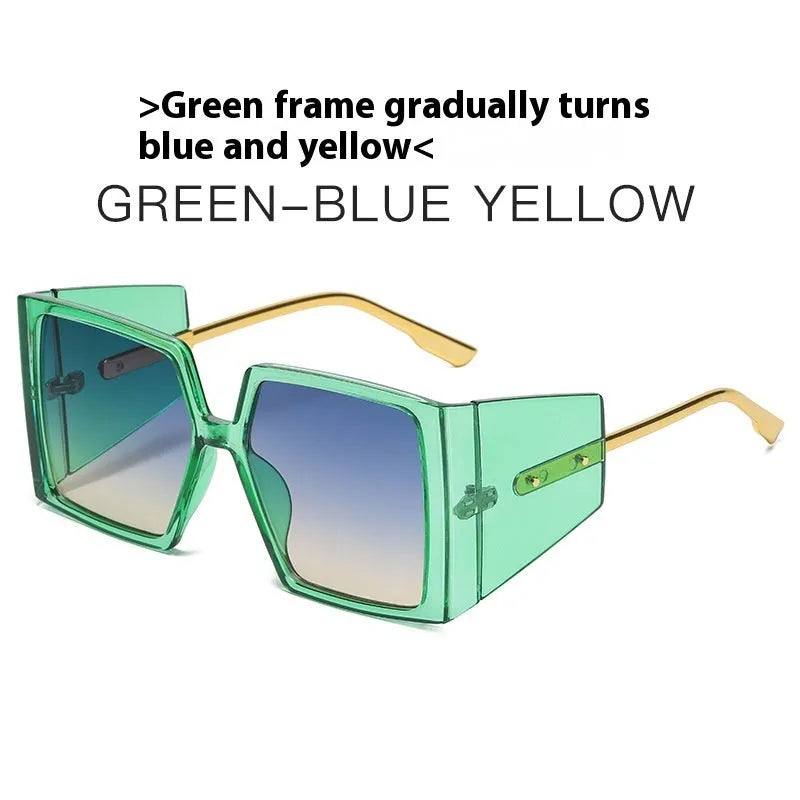 Large square frame metal sunglasses showing available colour options on an adult face.
