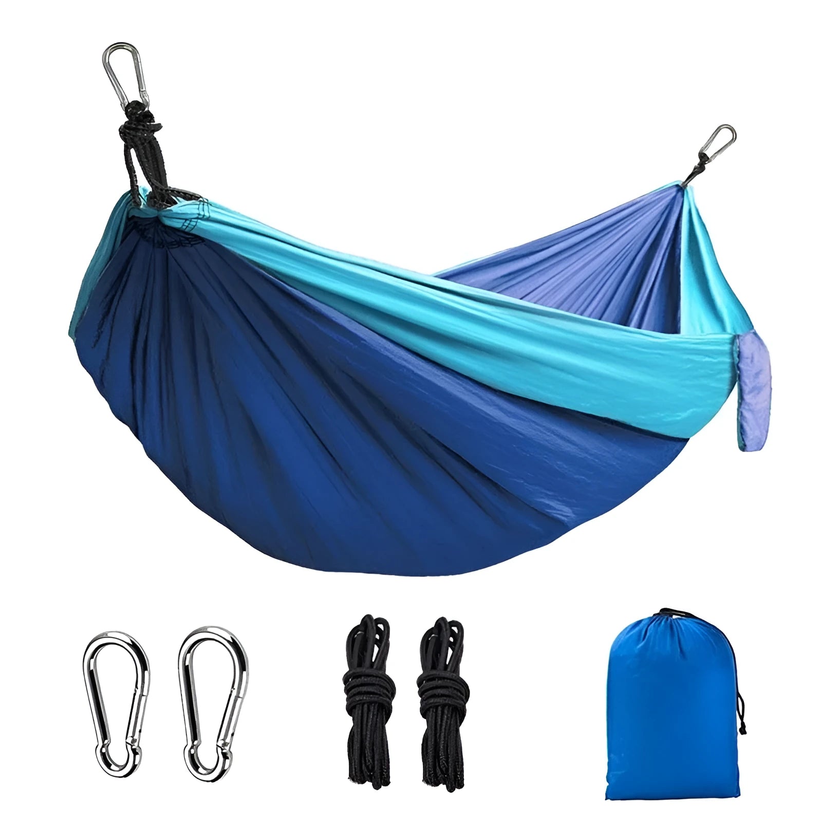 Blue parachute nylon camping hammock hanging between trees with 300kg capacity