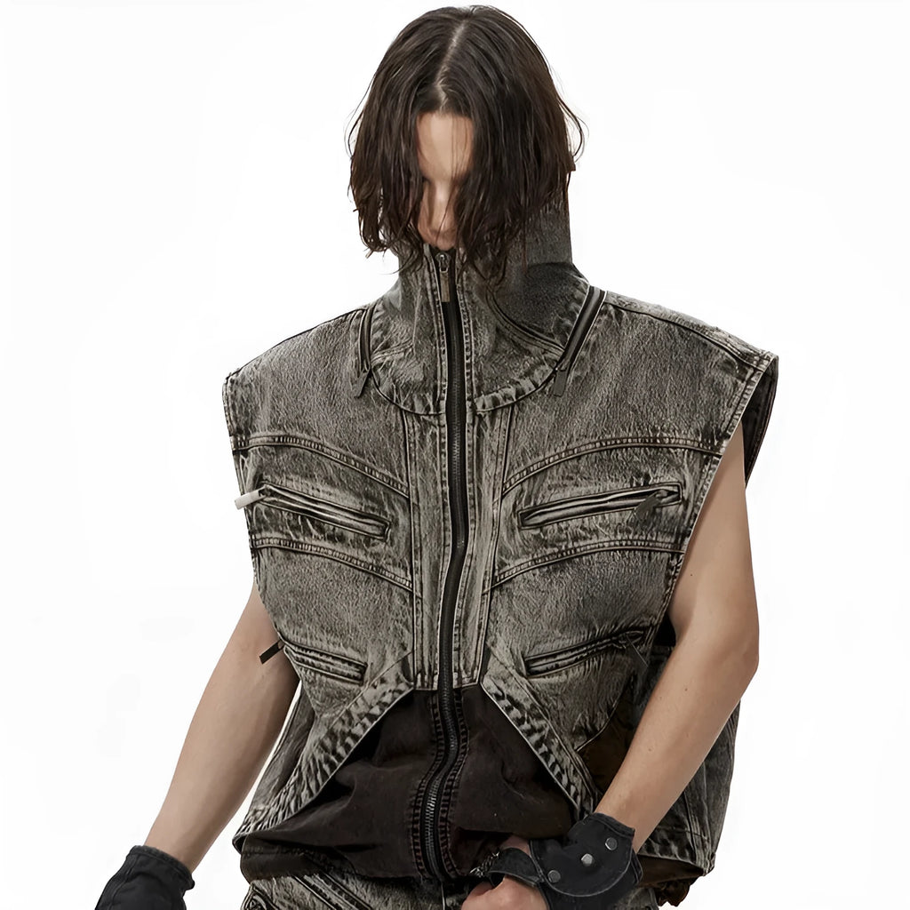 Men's sleeveless spliced denim vest with zipper front in image colour