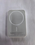 White magnetic wireless charging power bank with 5000mAh capacity measuring 100x65x16mm