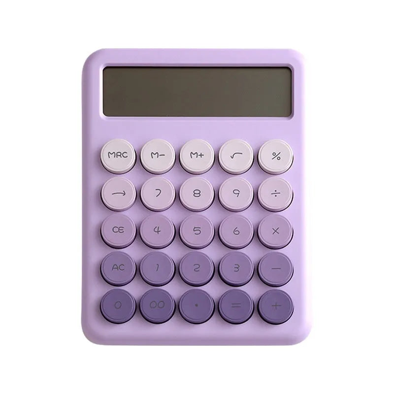 Dopamine gradient colour desk calculator in violet, pink, blue, and green options on a desk