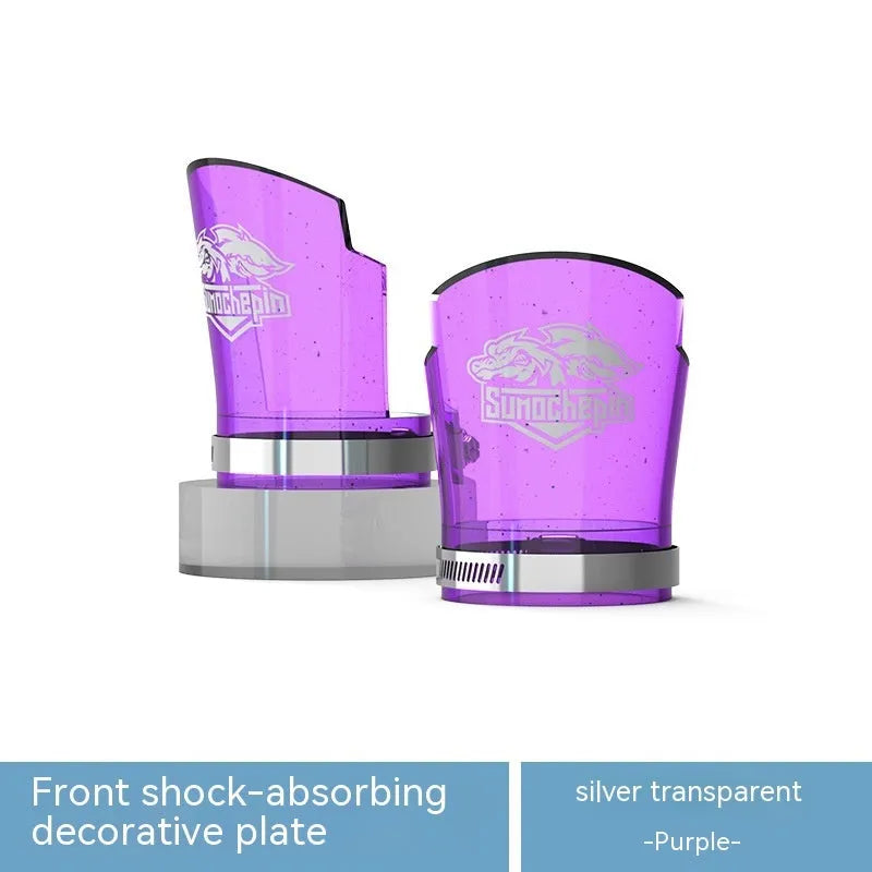 Transparent motorcycle front shock absorber protective sleeve with stainless steel clamp, shown in multiple colour options.