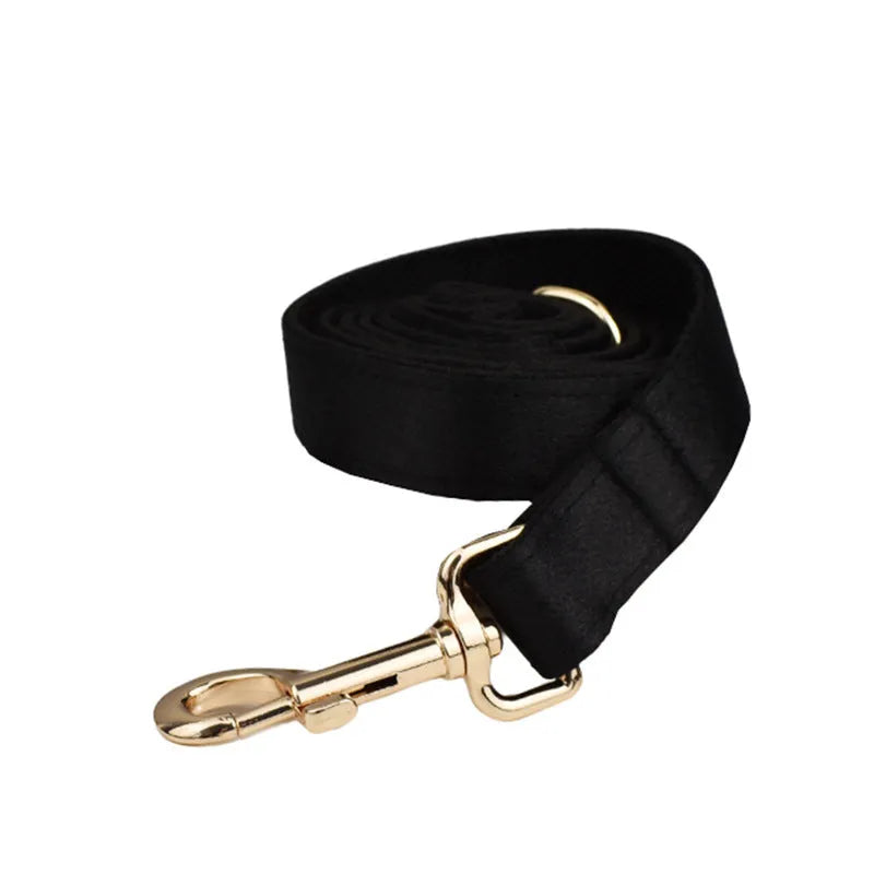 Complete dog walking set showing a cloth collar, matching leash, lightweight vest, and decorative bow for pets.