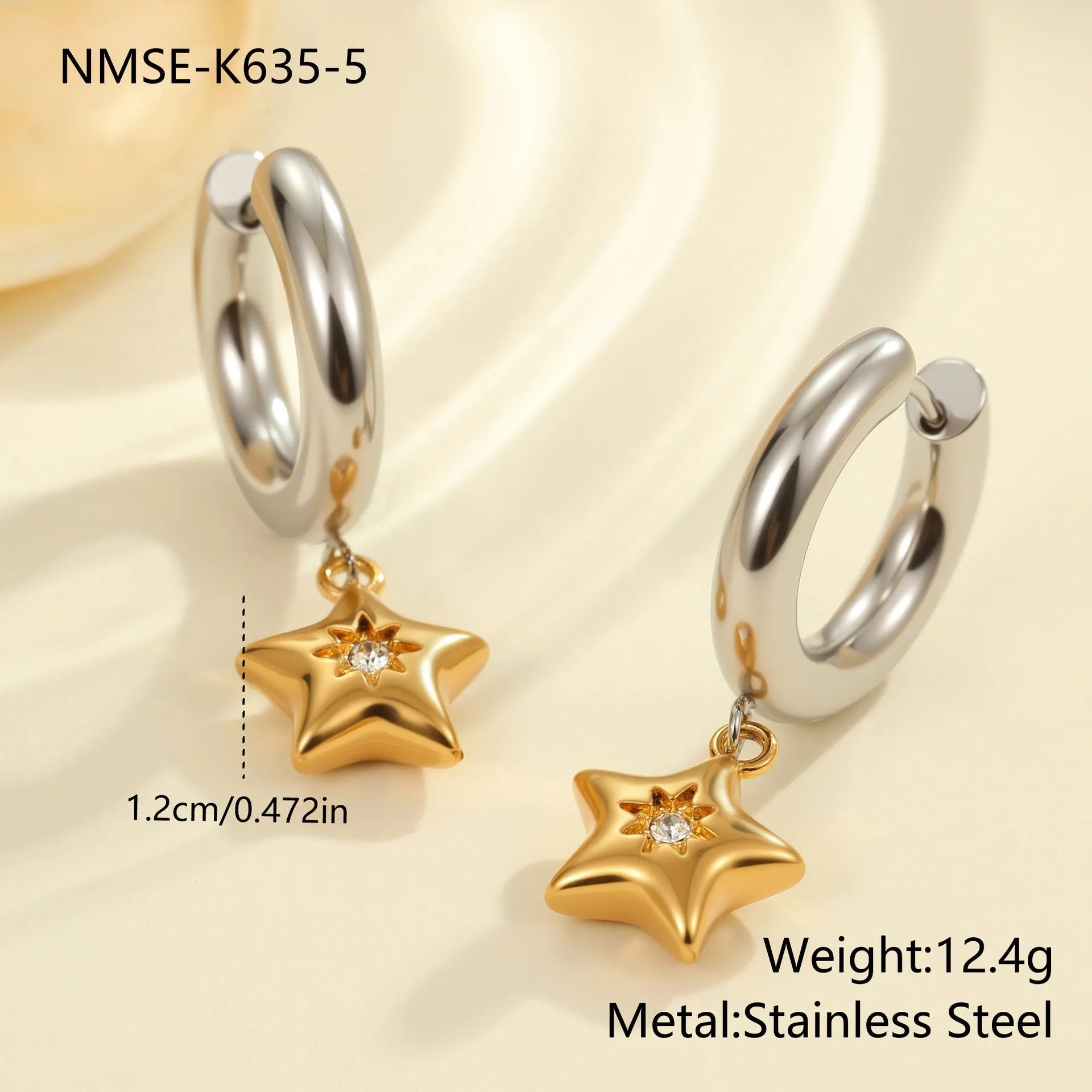 Gold Christmas tree earrings with heart and star shapes made from stainless steel with 18K plating