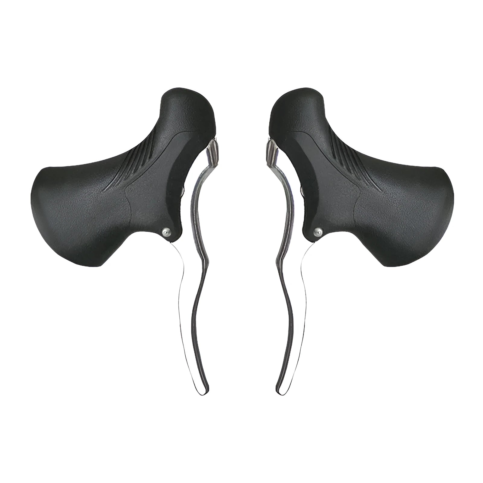 Pair of aluminium alloy road bicycle brake handles in black and black silver finish.