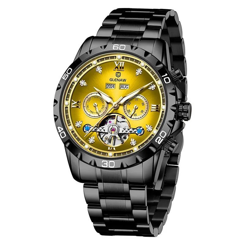 Men's automatic mechanical watch with stainless steel strap and mineral glass face