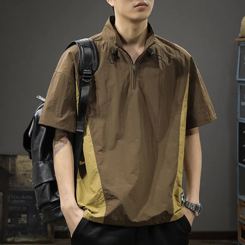 Men's brown Ice Silk business shirt with half-zip stand collar and short sleeves